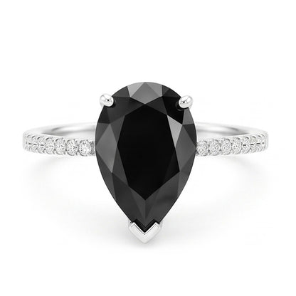 Black Diamond Ring 5 Carat Natural Pear Pave Solitaire 14K White Gold