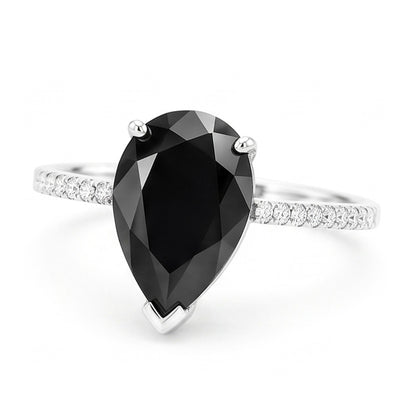 Black Diamond Ring 5 Carat Natural Pear Pave Solitaire 14K White Gold