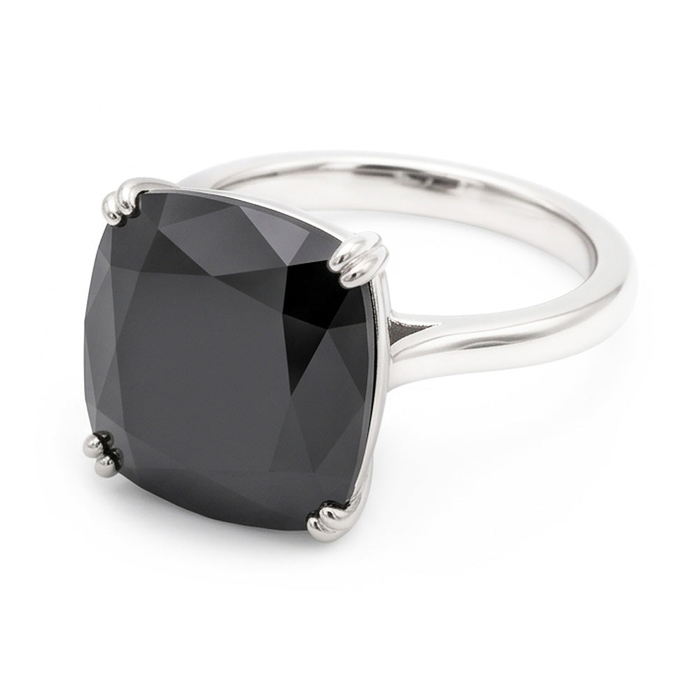 Black Diamond Ring 6 Carat Natural Cushion Solitaire 14K White Gold