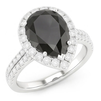 Black Diamond Ring 6 Carat Natural Pear Halo 14K White Gold