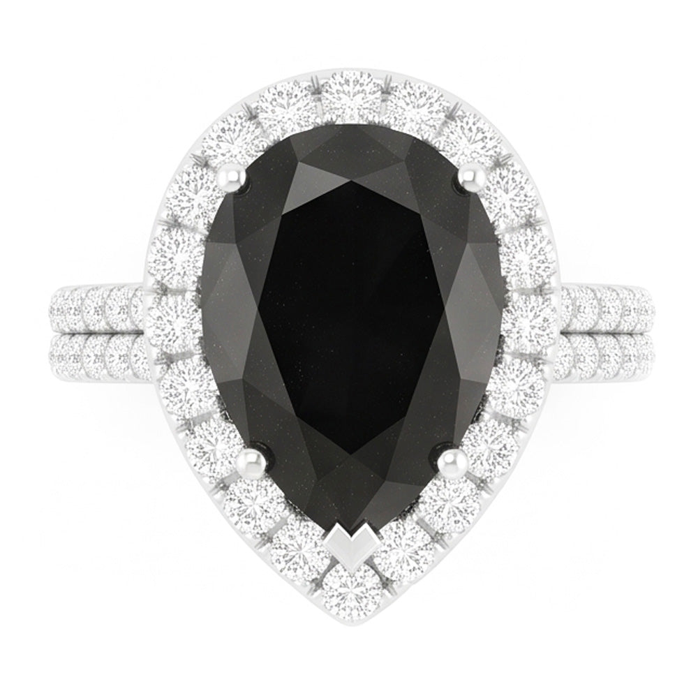 Black Diamond Ring 6 Carat Natural Pear Halo 14K White Gold