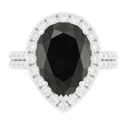 Black Diamond Ring 6 Carat Natural Pear Halo 14K White Gold
