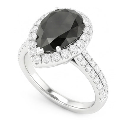 Black Diamond Ring 6 Carat Natural Pear Halo 14K White Gold