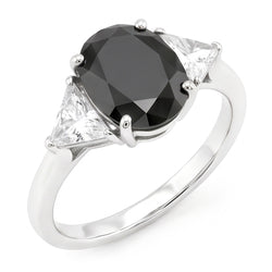 Black Engagement Ring Women 3.6 Carat Natural Oval Diamond Trilliant Three Stone 14K White Gold