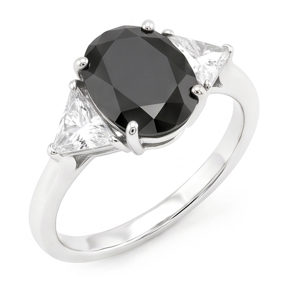 Black Engagement Ring Women 3.6 Carat Natural Oval Diamond Trilliant Three Stone 14K White Gold