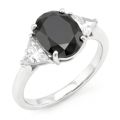 Black Engagement Ring Women 3.6 Carat Natural Oval Diamond Trilliant Three Stone 14K White Gold
