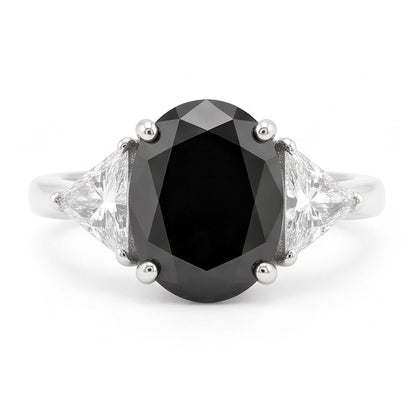 Black Engagement Ring Women 3.6 Carat Natural Oval Diamond Trilliant Three Stone 14K White Gold