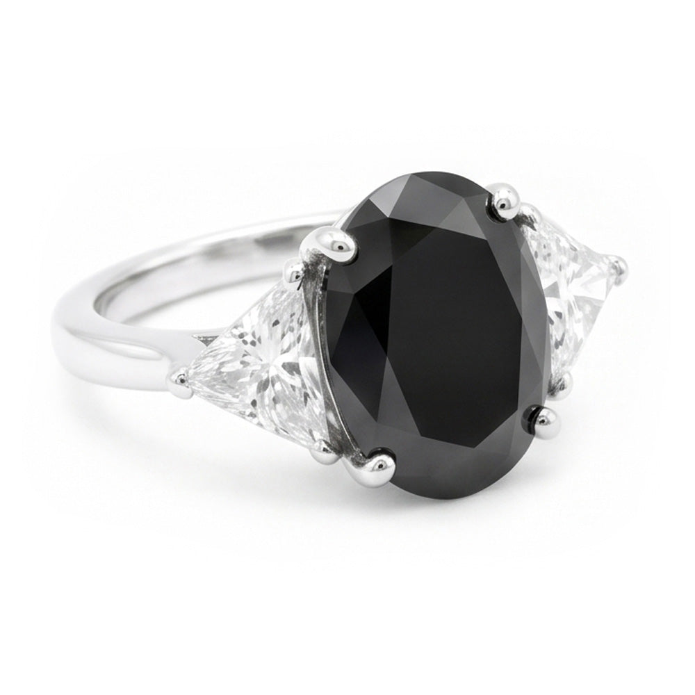 Black Engagement Ring Women 3.6 Carat Natural Oval Diamond Trilliant Three Stone 14K White Gold