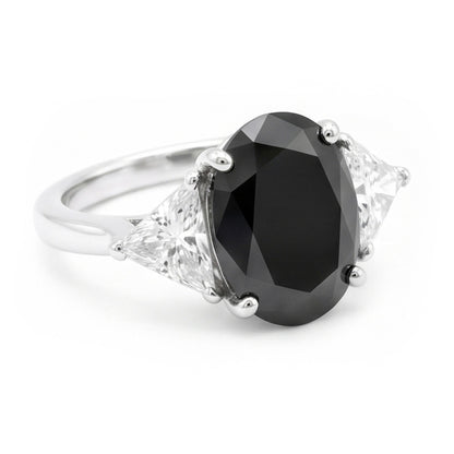 Black Engagement Ring Women 3.6 Carat Natural Oval Diamond Trilliant Three Stone 14K White Gold