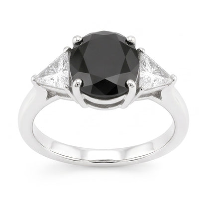 Black Engagement Ring Women 3.6 Carat Natural Oval Diamond Trilliant Three Stone 14K White Gold