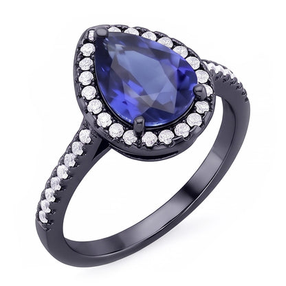 Black Gold Halo Pear Shaped Ring Blue Sapphire & Natural Earth Mined Diamonds 4 Carats