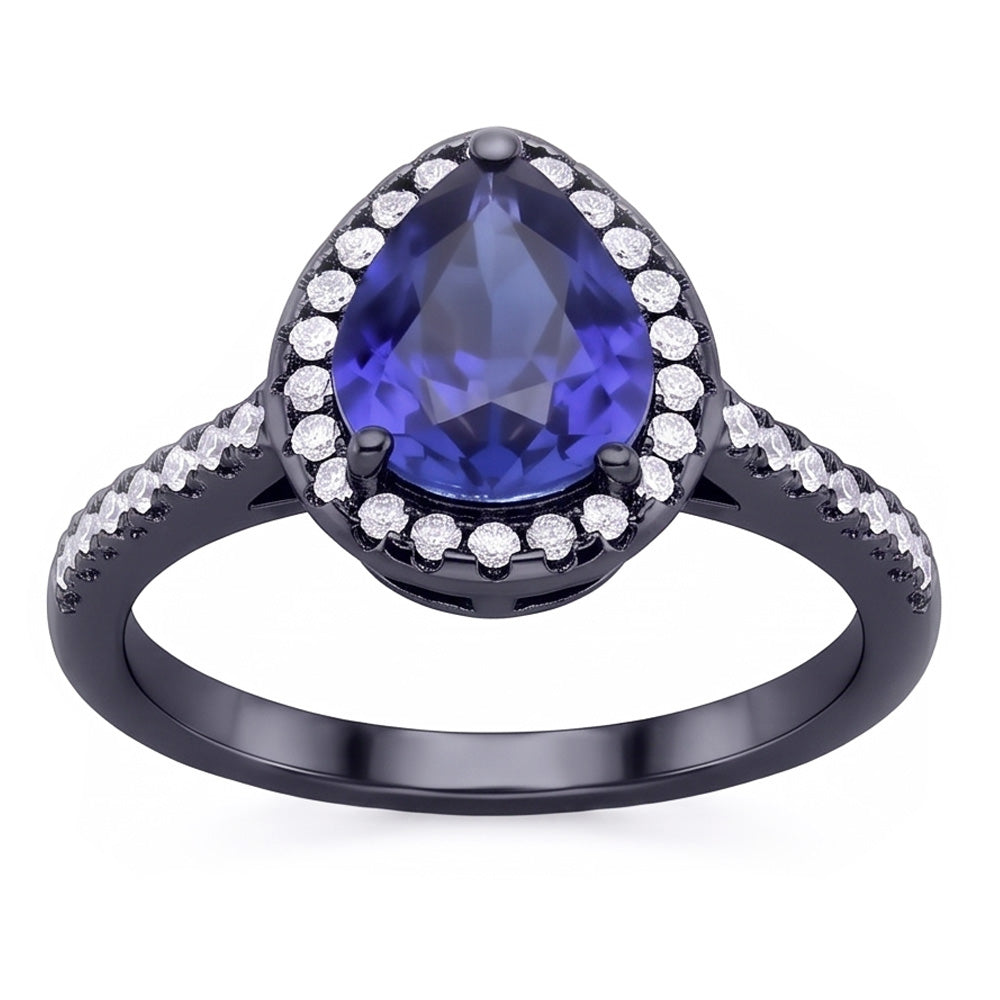Black Gold Halo Pear Shaped Ring Blue Sapphire & Natural Earth Mined Diamonds 4 Carats