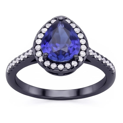 Black Gold Halo Pear Shaped Ring Blue Sapphire & Natural Earth Mined Diamonds 4 Carats