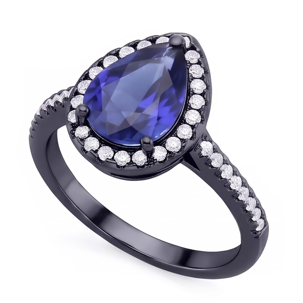 Black Gold Halo Pear Shaped Ring Blue Sapphire & Natural Earth Mined Diamonds 4 Carats