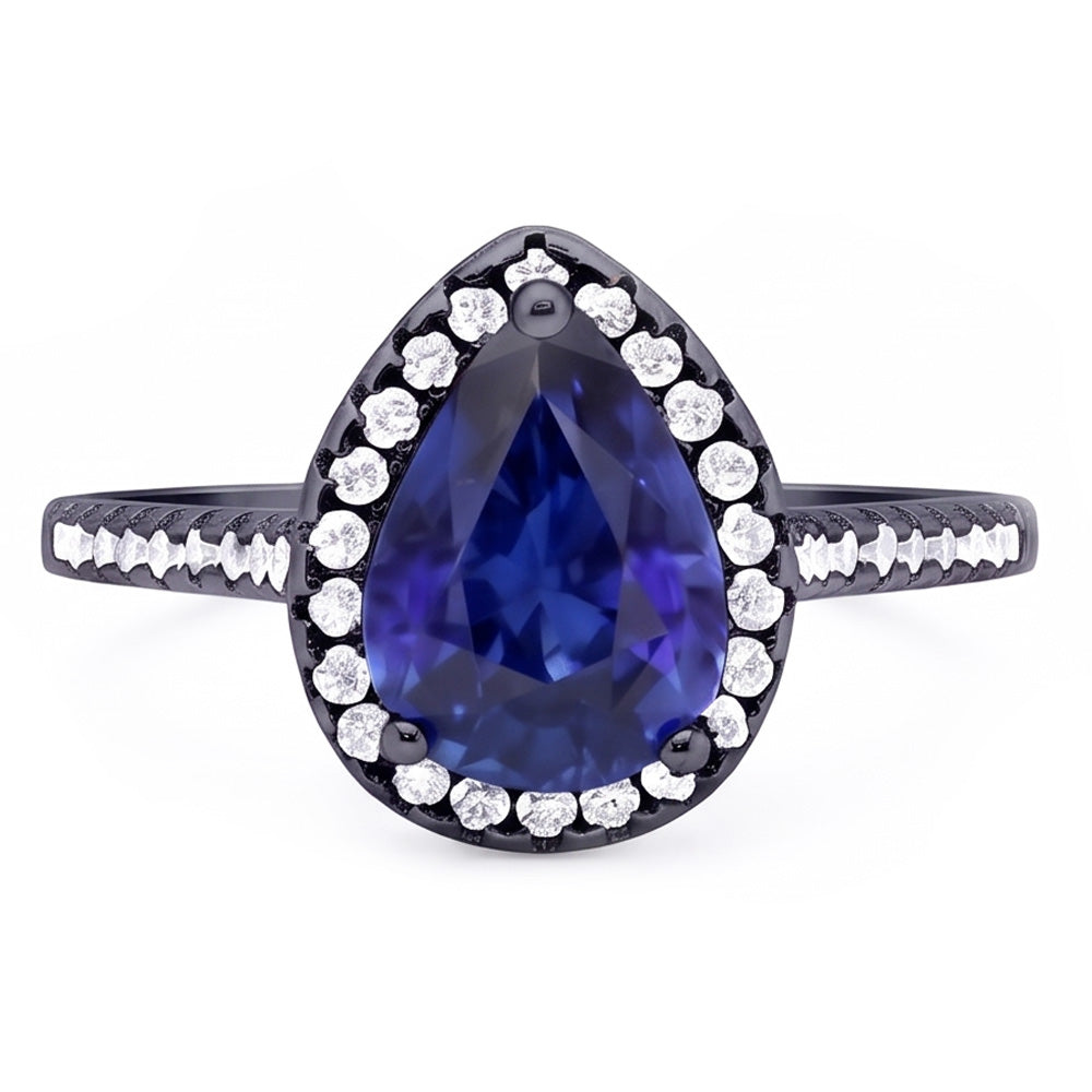 Black Gold Halo Pear Shaped Ring Blue Sapphire & Natural Earth Mined Diamonds 4 Carats