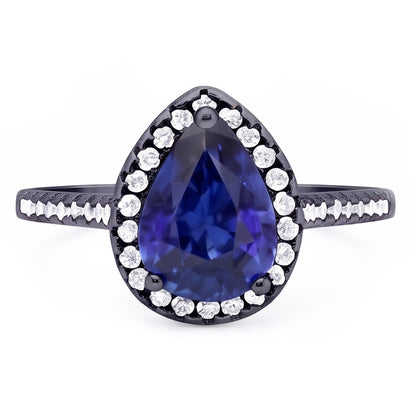 Black Gold Halo Pear Shaped Ring Blue Sapphire & Natural Earth Mined Diamonds 4 Carats