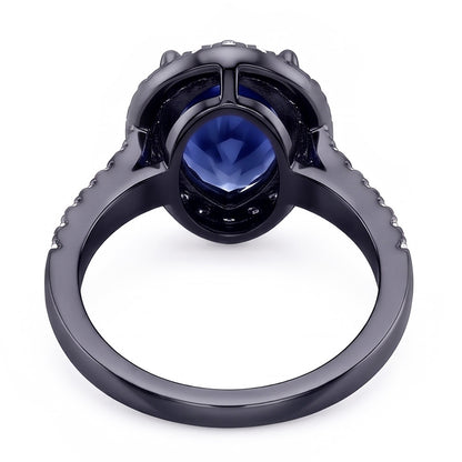 Black Gold Halo Pear Shaped Ring Blue Sapphire & Natural Earth Mined Diamonds 4 Carats