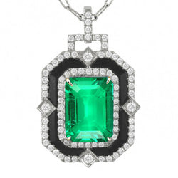 Black And White Gold Halo Green Emerald Pendant Statement Necklace