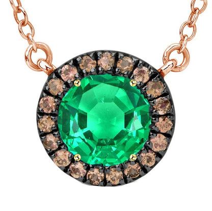 Black Gold Round Green Emerald And Brown Diamond Pendant With Chain
