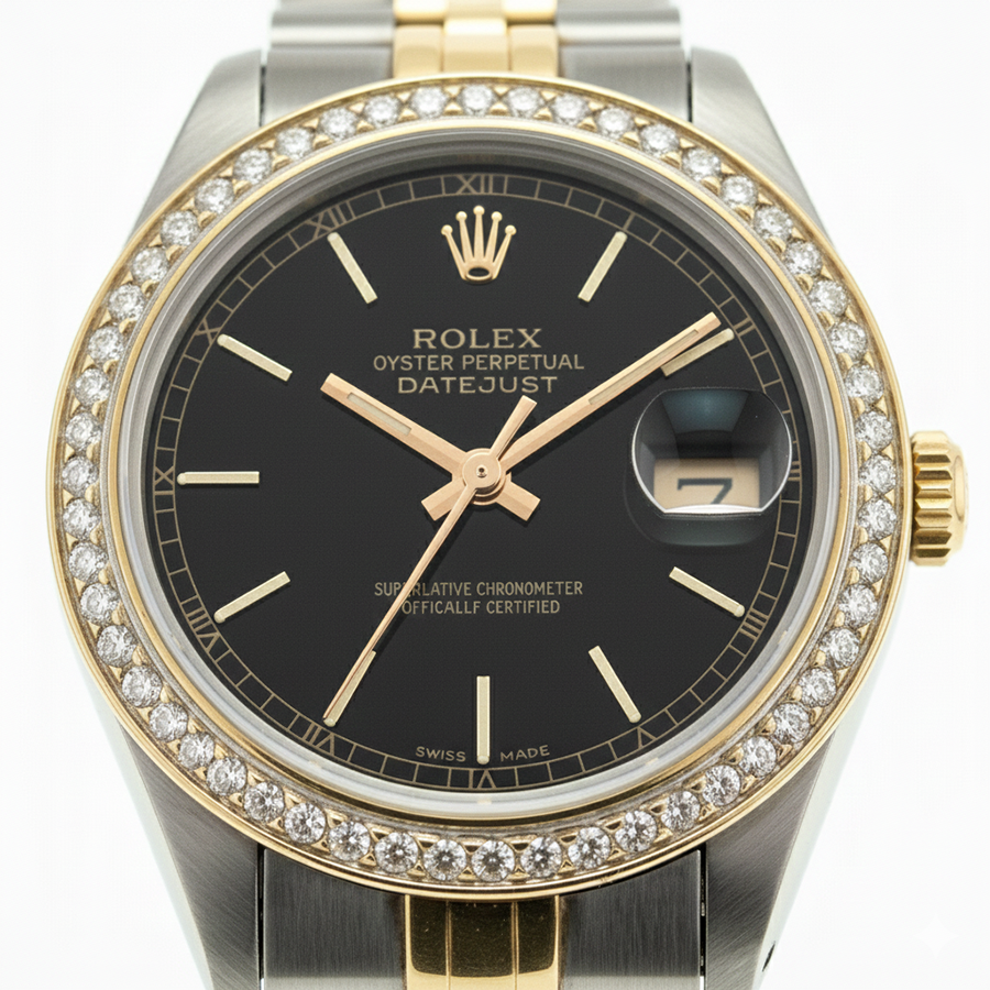 Black Stick Dial Datejust Women Rolex Watch Two Tone Jubilee