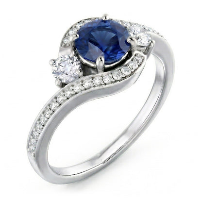 Blue Ceylon Sapphire And Natural Earth Mined Diamond Ring White Gold 14K