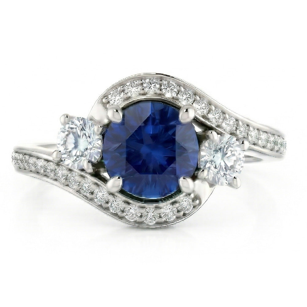 Blue Ceylon Sapphire And Natural Earth Mined Diamond Ring White Gold 14K