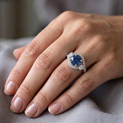 Blue Ceylon Sapphire And Natural Earth Mined Diamond Ring White Gold 14K