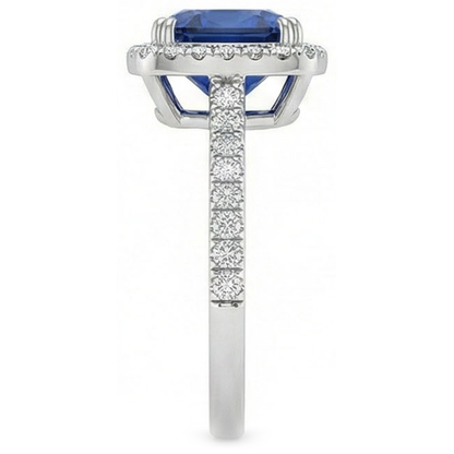 Blue Cushion Cut Sapphire Halo Natural Earth Mined Diamond Wedding Ring 3.5 Ct Gold 14K