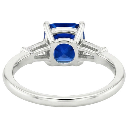 Blue Cushion Sapphire & Baguette Natural Earth Mined Diamonds 3 Stone Ring 2.75 Carats New