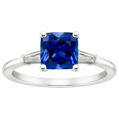 Blue Cushion Sapphire & Baguette Natural Earth Mined Diamonds 3 Stone Ring 2.75 Carats New