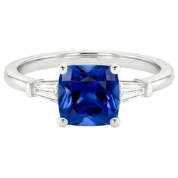 Blue Cushion Sapphire & Baguette Natural Earth Mined Diamonds 3 Stone Ring 2.75 Carats New