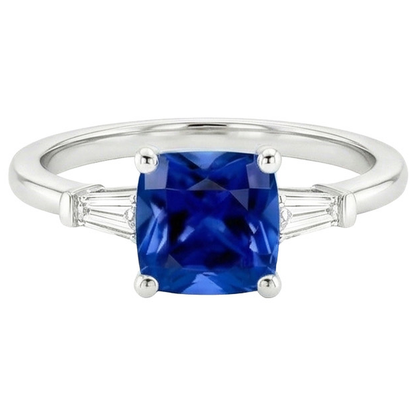 Blue Cushion Sapphire & Baguette Natural Earth Mined Diamonds 3 Stone Ring 2.75 Carats New