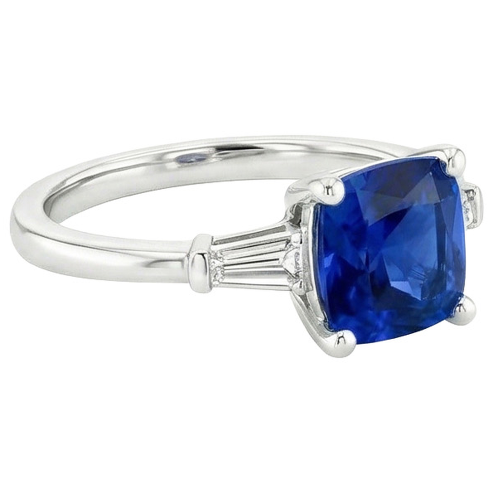 Blue Cushion Sapphire & Baguette Natural Earth Mined Diamonds 3 Stone Ring 2.75 Carats New