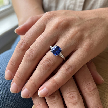 Blue Cushion Sapphire & Baguette Natural Earth Mined Diamonds 3 Stone Ring 2.75 Carats New