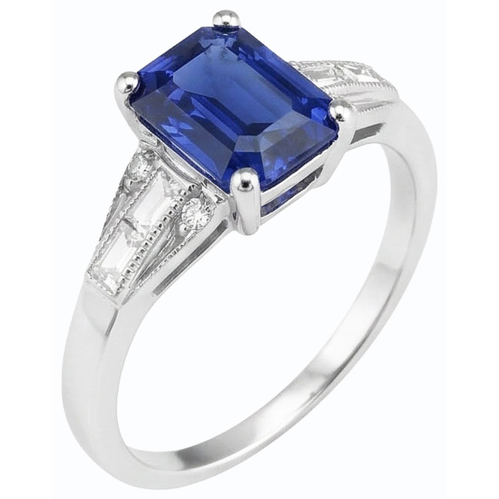 Blue Emerald Sapphire Ring Baguette & Round Natural Earth Mined Diamond 4 Carats