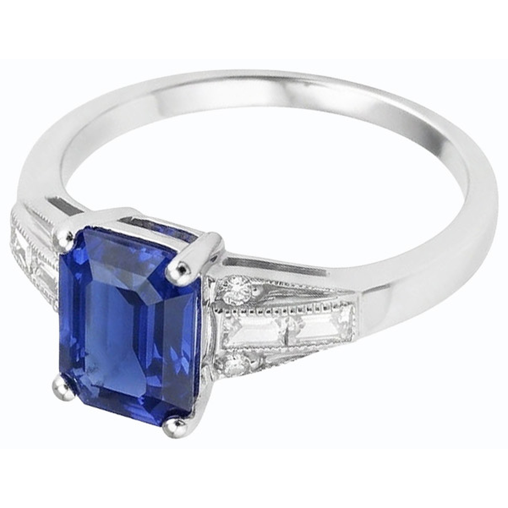 Blue Emerald Sapphire Ring Baguette & Round Natural Earth Mined Diamond 4 Carats