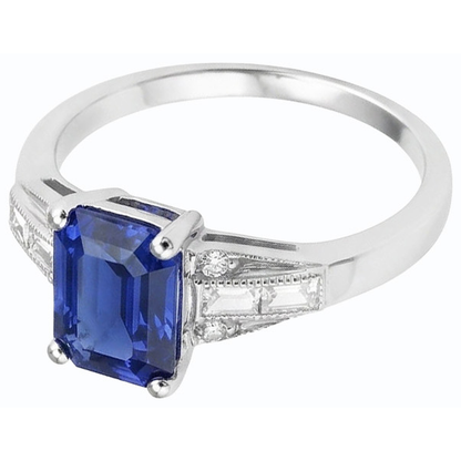 Blue Emerald Sapphire Ring Baguette & Round Natural Earth Mined Diamond 4 Carats