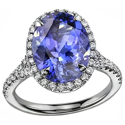 Blue Oval Cut Tanzanite And Natural Earth Mined Diamond Ring 6.50 Carats White Gold 14K