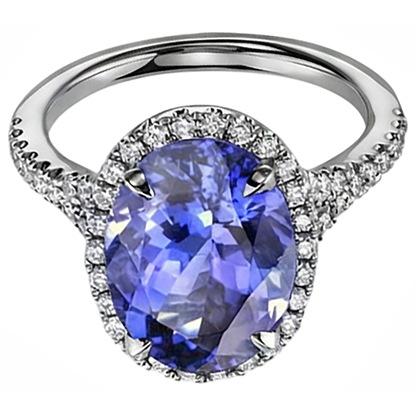 Blue Oval Cut Tanzanite And Natural Earth Mined Diamond Ring 6.50 Carats White Gold 14K