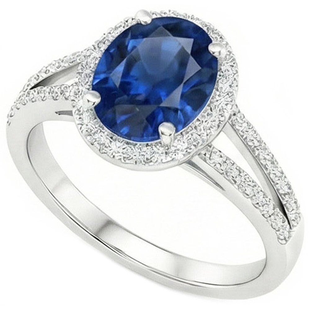 Blue Oval Sapphire Ring With Accents Natural Earth Mined Diamond White Gold 14K 3.50 Ct