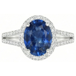 Blue Oval Sapphire Ring With Accents Natural Earth Mined Diamond White Gold 14K 3.50 Ct
