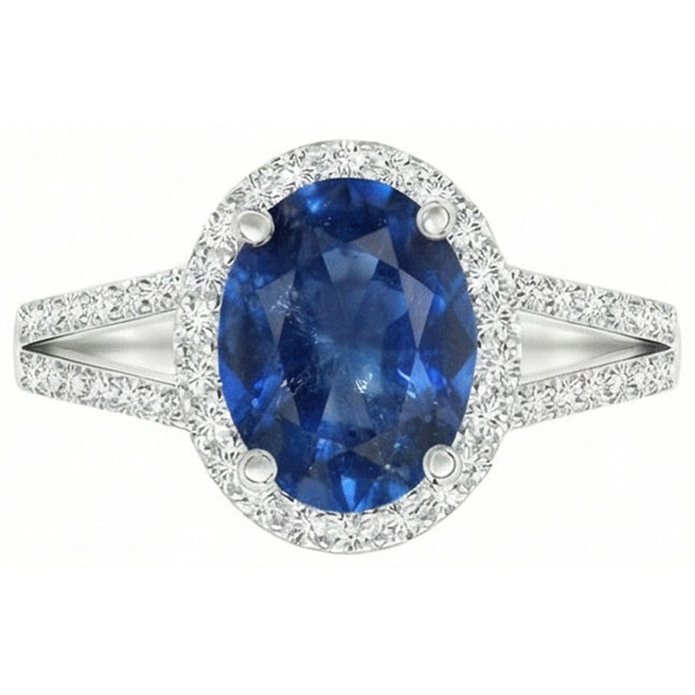 Blue Oval Sapphire Ring With Accents Natural Earth Mined Diamond White Gold 14K 3.50 Ct