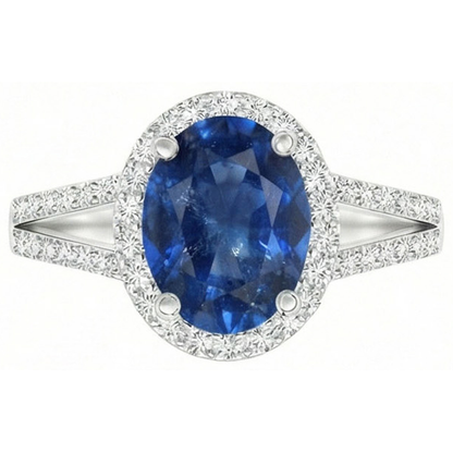 Blue Oval Sapphire Ring With Accents Natural Earth Mined Diamond White Gold 14K 3.50 Ct