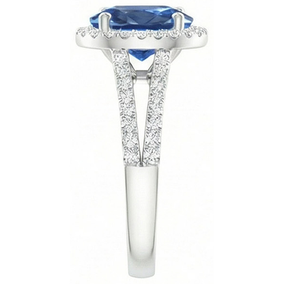 Blue Oval Sapphire Ring With Accents Natural Earth Mined Diamond White Gold 14K 3.50 Ct