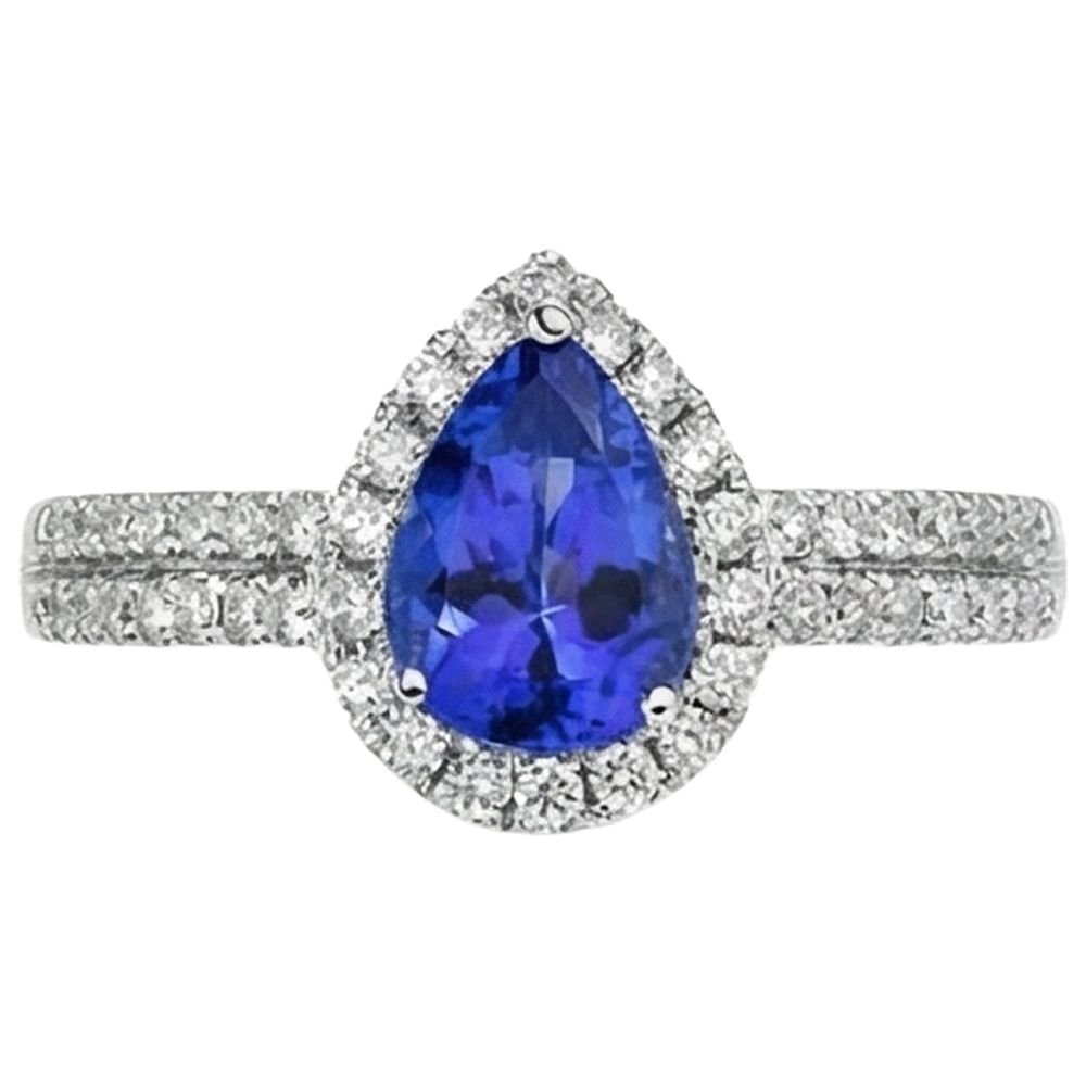 Blue Pear Shape Tanzanite And Round Natural Earth Mined Diamonds 4.75 Ct Ring 14K Gold