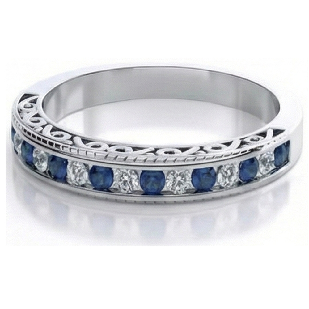 Blue Round Sapphire Natural Earth Mined Diamond Wedding Band White Gold 3.40 Carats