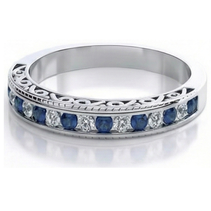 Blue Round Sapphire Natural Earth Mined Diamond Wedding Band White Gold 3.40 Carats