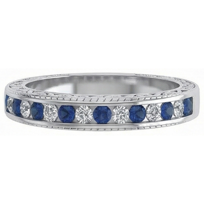 Blue Round Sapphire Natural Earth Mined Diamond Wedding Band White Gold 3.40 Carats