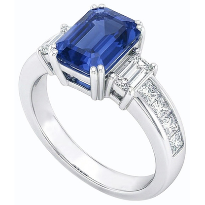 Blue Sapphire 3 Stone Emerald Cut Ring & Princess Natural Earth Mined Diamonds 4 Carats