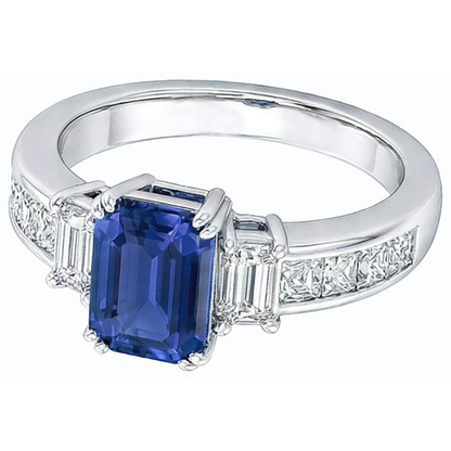 Blue Sapphire 3 Stone Emerald Cut Ring & Princess Natural Earth Mined Diamonds 4 Carats